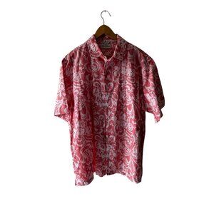CARIBBEAN Sz XL Linen Blend Coral Pink Floral Aloha Hawaiian Shirt
